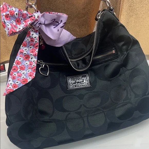 Coach Black Signature Shoulder Bag with Floral Scarf - Picture 11 of 17